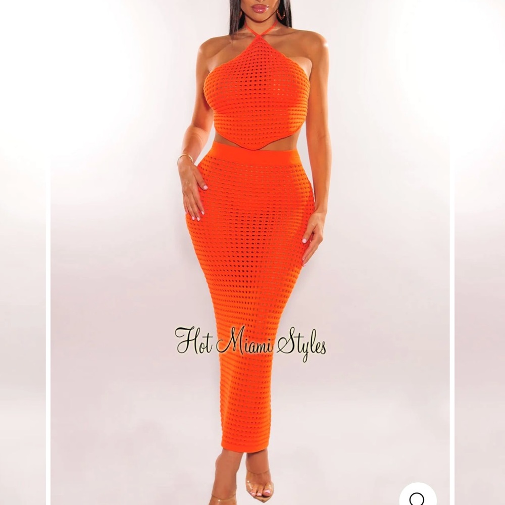 Tangerine crochet halter two piece set.